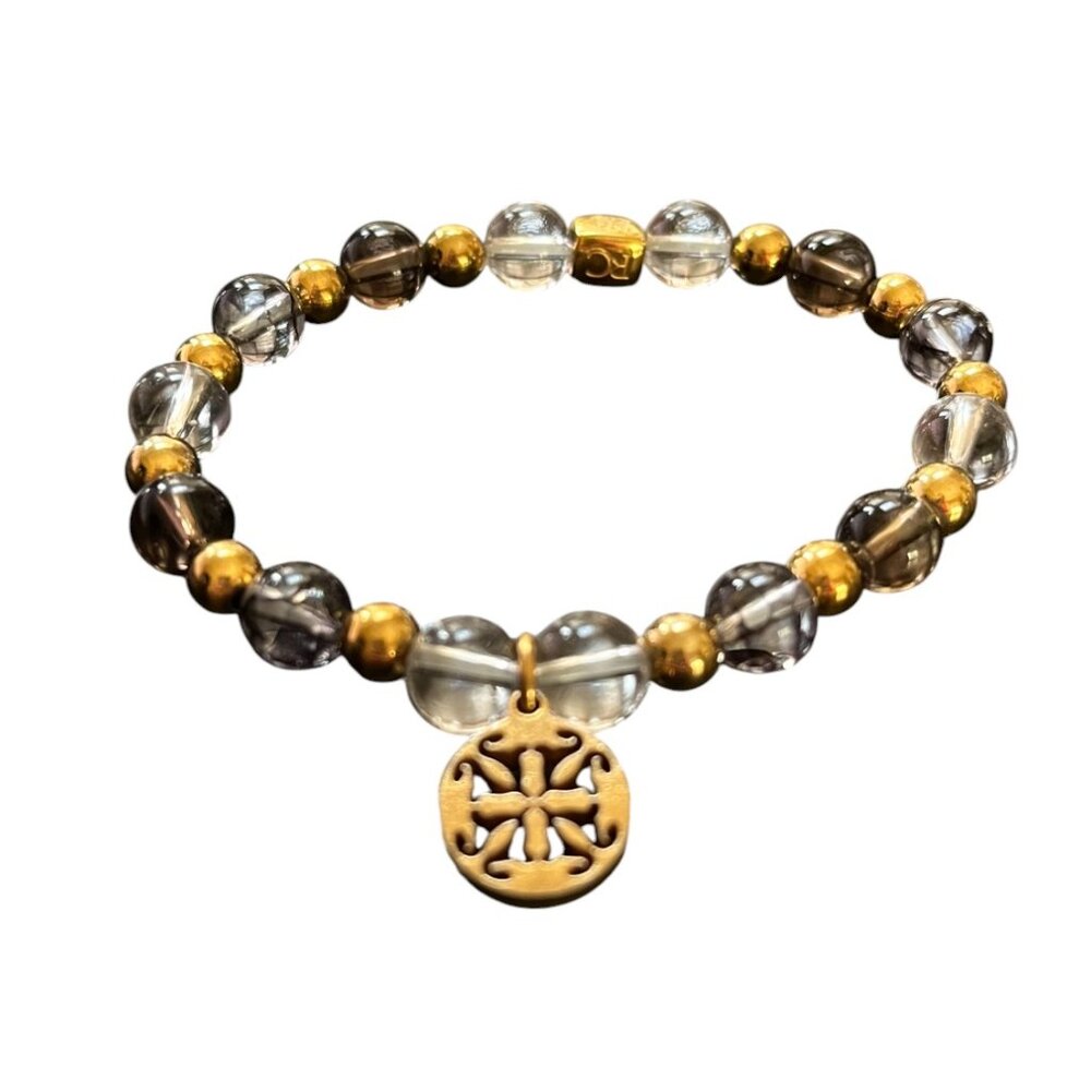 Rustic Cuff Glass and Stainless Beaded Stretch Logo Bracelet